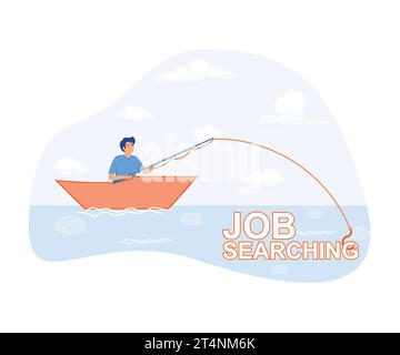 job searching (job hunting) and staff recruitment concept, fisherman catching Job word on a fishing hook, flat vector modern illustration Stock Vector