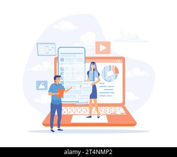 Information collection and analysis concept, Management information system, document management soft, big data job, sharing online, flat vector modern Stock Vector