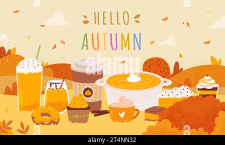 Sweet pumpkin season. Pumpkins latte, soup and cakes on colorful nature landscape. Fall leaves, hills and trees. Food vector cartoon background Stock Vector