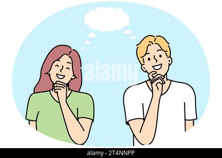 Girl, boy smile, think about something nice together. Empty speech bubble. Young couple dreaming. Positive imagination, fantasy, fancy ideas, cloud-castle, goal. Vector outline colored illustration. Stock Vector