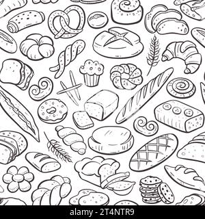 Bread and bakery products seamless pattern. Hand-drawn doodle illustration. Isolated baked good set. Repeat pattern. Vector illustration. Stock Vector