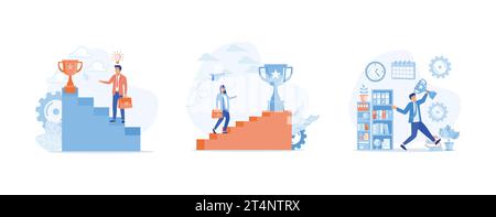 Business people holding trophy cup standing on the stair. Success and professional achievement, set flat vector modern illustration Stock Vector