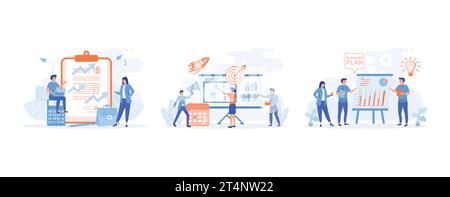 business plan, People and clipboard with financial document, Working process, teamwork communication. making presentation of business plan. set flat v Stock Vector