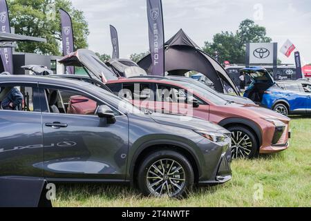 Nantwich, Cheshire, England, July 26th 2023. Side view of a grey Lexus NX at a trade show stand, automotive commerce editorial illustration. Stock Photo