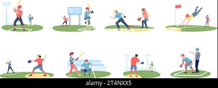 Baseball play scenes. Catcher and pitcher in american sport, young athletes hitting and catching balls. Cartoon sporting competition recent vector Stock Vector
