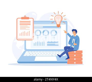 Business intelligence concept, businessman sit on a coin with various items and symbols on laptop, flat vector modern illustration Stock Vector