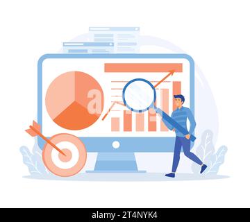 data analyst, worker checking data analyst on a big screen using magnifying glass, flat vector modern illustration Stock Vector