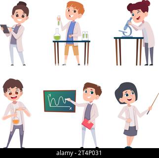 Chemical kids. Little people scientists making experiment in chemical lab exact vector cartoon illustrations Stock Vector