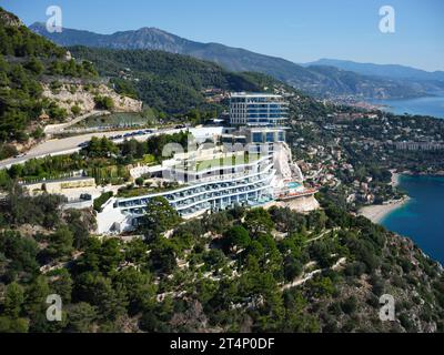 AERIAL VIEW. Maybourne Riviera Hotel with its stunning views of the Mediterranean Sea. Roquebrune-Cap-Martin, French Riviera, France. Stock Photo