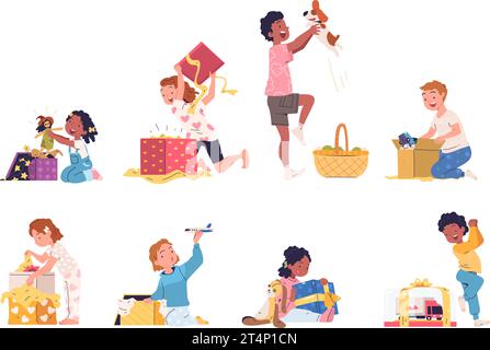 Children opening gifts. Kid boys and girls unwrap presents, excited children unpacking gift box, birthday celebration christmas surprise, child gifting classy vector illustration of children with gift Stock Vector