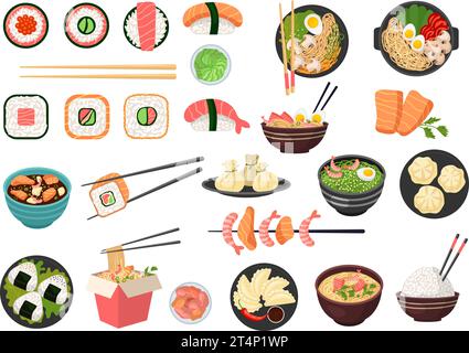 Asian food. Authentic ingredients for preparing asian products noodles fish sauce wok recent vector pictures in cartoon style Stock Vector
