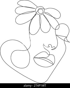 The face of a beautiful woman with tropical monstera leaves. In the style of line art, one continuous line. Hand drawing. For decoration, photo, print Stock Vector
