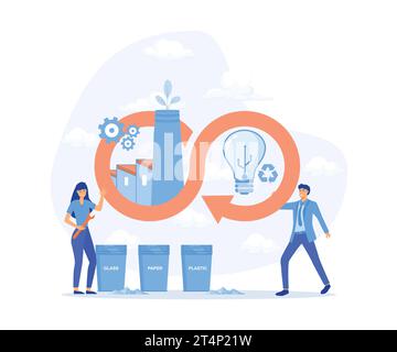 Circular economy, eco friendly energy production, infinity sign with factory, industry development cycle with waste recycling, flat vector modern illu Stock Vector
