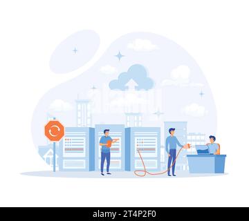 Users work with a cloud service platform. Cloud Computing. Web cloud technology, data storage, Working process, teamwork communication. flat vector mo Stock Vector