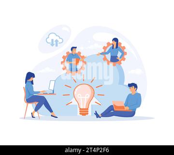Co working team of users connected by cloud computing and light bulb. Online collaboration, flat vector modern illustration Stock Vector