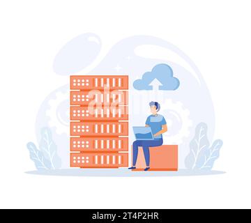 Big Data and Cloud Computing, Business characters using remote servers to analyzing large sets of data and recognizing mistakes, flat vector modern il Stock Vector