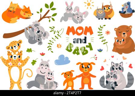 Mother and cubs animals. Cartoon baby animal hugging moms. Koala, hippo and bears, funny raccoon and birds in nest classy vector characters Stock Vector