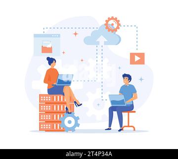 Cloud computing concept, Man and woman processing information at laptops using cloud technology, data storage and backup, flat vector modern illustrat Stock Vector