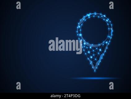 Wireframe map pin location line and dots abstract blue vector icon. Digital technology world gps navigation low poly concept. Triangle direction and p Stock Vector