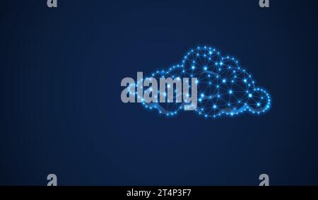 Cloud wireframe technology vector background. Data cloud blue digital polygon. Dot and line triangle futuristic network design element. Stock Vector