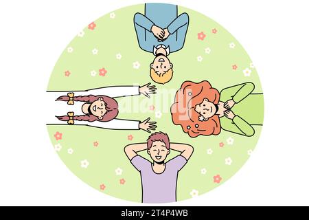 Guys, girls lie on grass among flowers in different directions, look at sky, laugh. Friends spend time at lawn. Top view. Hello spring, summer concept. Vector colorful outline illustration. Stock Vector