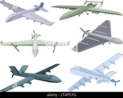 Military uav. War unmanned drones, warfare aerial copter model army plane with camera for surveillance sky attack, mobile technology aircraft control, neoteric vector illustration of unmanned drone Stock Vector
