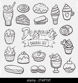 Dessert products isolated on white background. Cupcakes, sweets, ice creams, and pastries. Hand-drawn illustration. Isolated doodle items. Vector illu Stock Vector