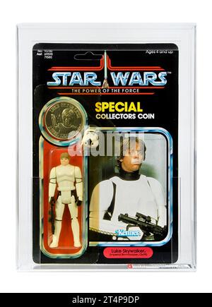 1985 Kenner Star Wars Power of The Force 92 Back Luke Skywalker (Stormtrooper Disguise) Carded Toy Action Figure AFA 85-Y Stock Photo