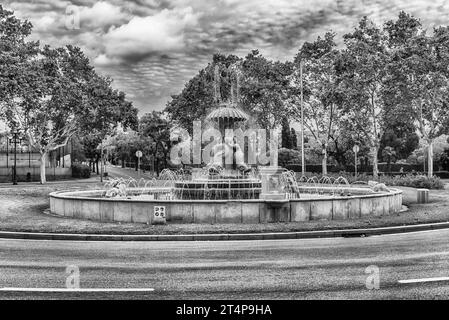 Scenic fountain in Plaza de Sant Jordi on Montjuic hill, Barcelona, Catalonia, Spain Stock Photo