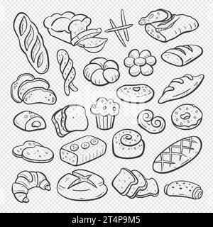 Bread and bakery products isolated on white background. Hand-drawn doodle illustration. Bakery good set. Vector illustration. Set 1 of 2. Stock Vector