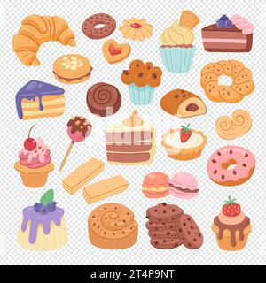 Dessert products isolated on white background. Cupcakes, sweets, ice creams, and pastries. Hand-drawn illustration. Isolated clip arts. Vector illustr Stock Vector