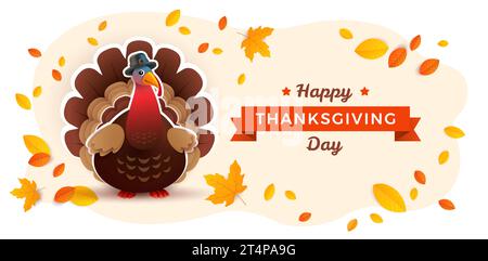Thanksgiving Day turkey banner with Thanksgiving turkey cartoon cute character, fall foliage, yellow leaves, and Happy Thanksgiving Day lettering. Yel Stock Vector