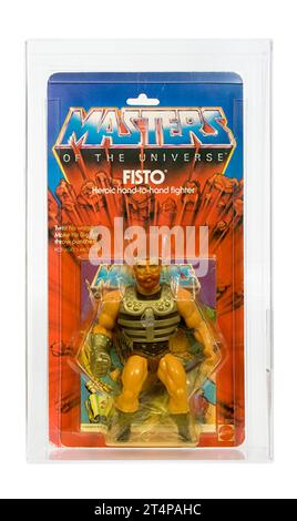 1984 Mattel Masters of The Universe Series 3 Fisto (Black Boots Variant) Carded Action Figure AFA 70-Y Stock Photo