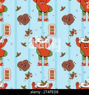 Groovy Christmas seamless pattern. Retro cartoon character Xmas stocking with gingerbread heart and caramel stick on blue background. Cool Happy New y Stock Vector