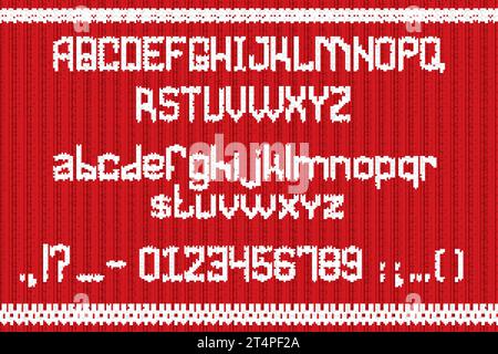 Knitted font. Knitting alphabet letters, wool ugly sweater fabric typeface, christmas type textile winter warm knit embroidery text nordic typography, decent vector illustration Stock Vector