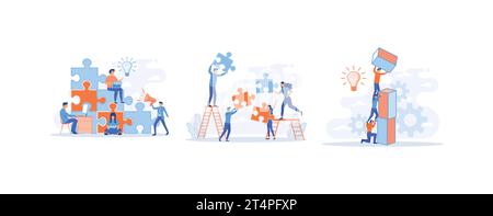 Team work, team building, corporate organization, partnership, problem solving, innovative business approach, brainstorming, people with puzzle pieces Stock Vector