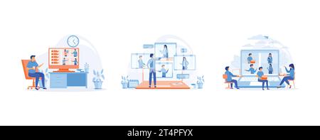 video conference, remote work, technology concept, Online Discussion, set flat vector modern illustration Stock Vector
