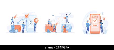 Financial transactions, non-cash payment transactions, money transfer, banking, Banking services on web site. Successful transaction. set flat vector Stock Vector