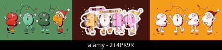 Christmas groovy mascot characters. 2024 happy noel letters on color background. Stock Vector