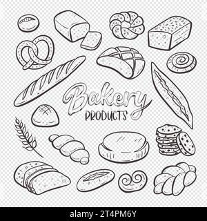 Bread and bakery products isolated on white background. Hand-drawn doodle illustration. Bakery good set. Vector illustration. Set 1 of 2. Stock Vector