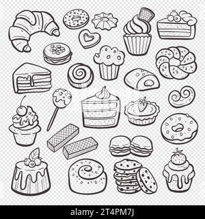 Dessert products isolated on white background. Cupcakes, sweets, ice creams, and pastries. Hand-drawn illustration. Isolated doodle items. Vector illu Stock Vector