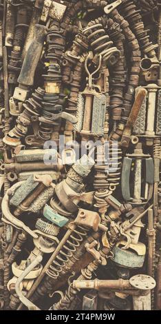 Abstract industrial background made of old machine parts, selective focus, color toning applied. Stock Photo