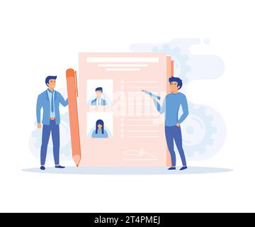 Work Descriptions, Recruitment Headhunting Concept. Employer Characters Reading Personnel Resume, flat vector modern illustration Stock Vector