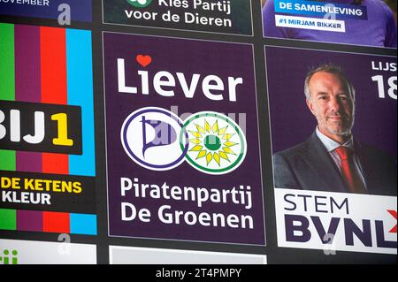 Amsterdam The Netherlands 1st November 2023. Party political posters of the parties taking part in the upcoming Dutch Parliamentary elections. On November 22nd the Dutch heads to the polls to vote for the second chamber of parliament. Poster Piratenpartij De Groenen. verkiezing, verkiezingen, 2de, tweede, kamer, poster, posters, partij, Stock Photo