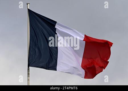 Paris, France. 31st Oct, 2023. Julien Mattia/Le Pictorium - At the end of the Council of Ministers meeting on October 31, 2023. - 31/10/2023 - France/Ile-de-France (region)/Paris - The French flag flies over the Elysee Palace during the Council of Ministers on October 31, 2023. Credit: LE PICTORIUM/Alamy Live News Stock Photo
