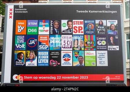 Amsterdam The Netherlands 1st November 2023. Party political posters of the parties taking part in the upcoming Dutch Parliamentary elections. On November 22nd the Dutch heads to the polls to vote for the second chamber of parliament. verkiezing, verkiezingen, 2de, tweede, kamer, poster, posters, Stock Photo