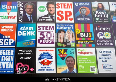 Amsterdam The Netherlands 1st November 2023. Party political posters of the parties taking part in the upcoming Dutch Parliamentary elections. On November 22nd the Dutch heads to the polls to vote for the second chamber of parliament. verkiezing, verkiezingen, 2de, tweede, kamer, poster, posters, Stock Photo