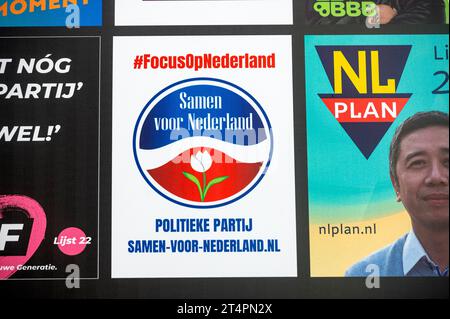 Amsterdam The Netherlands 1st November 2023. Party political posters of the parties taking part in the upcoming Dutch Parliamentary elections. On November 22nd the Dutch heads to the polls to vote for the second chamber of parliament. Poster Samen voor Nederland verkiezing, verkiezingen, 2de, tweede, kamer, poster, posters, partij, Stock Photo