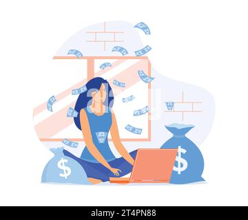 Passive income concept, Young woman working in front of laptop with money around her, flat vector modern illustration Stock Vector