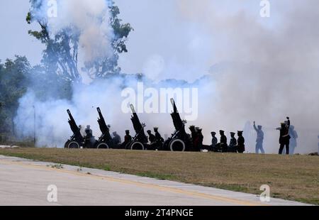 Lusaka, Zambia. 01st Nov, 2023. 21 gun salutes are fired with military honors at Kenneth Kaunda International Airport in Lusaka as President Steinmeier is welcomed. President Steinmeier is visiting the East African countries of Tanzania and Zambia this week. Credit: Bernd von Jutrczenka/dpa/Alamy Live News Stock Photo